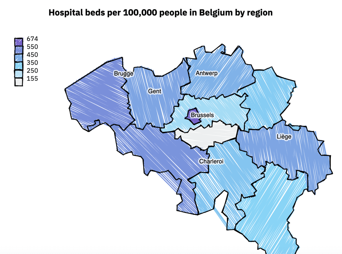 A chart map of Belgium showing hospital beds per 100,00 in each region