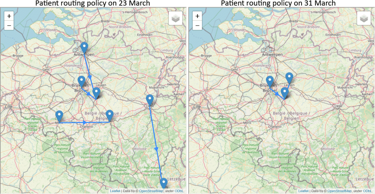 A map showing patient routing in Belgium